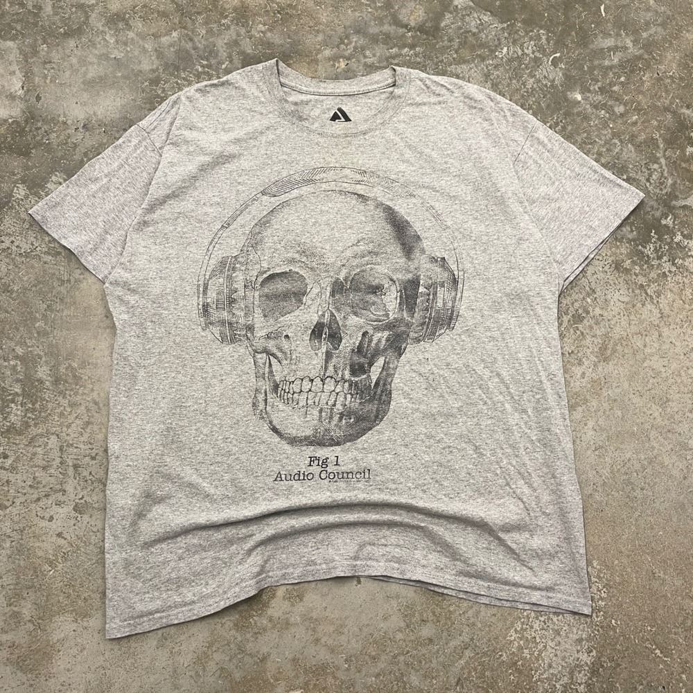Audio Council Mens XL Gray Skull Headphones Graphic T-Shirt Fig 1 Short Sleeve
